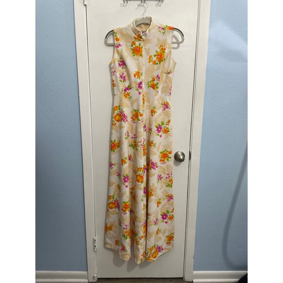 Vintage It's Better Maxi Dress Small Orange Hawaiian Floral A-Line 60s Tradwife - Picture 1 of 7